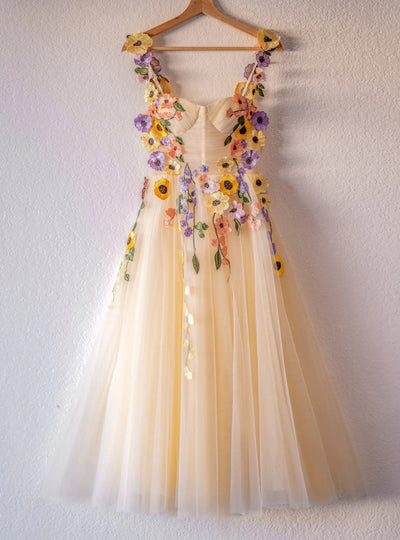 Yellow Tulle Lace Flower Prom Dress