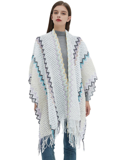 Ethnic White Knitted Split Tassels Shawl
