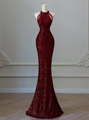 Burgundy Mermaid Sequins Halter Beading Prom Dress