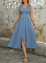 Long Split Blue Sleeveless Dress