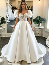 White Satin Puff Sleeve Lace Wedding Dress