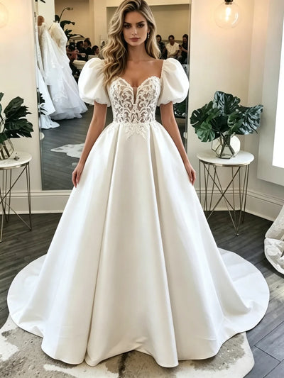 White Satin Puff Sleeve Lace Wedding Dress