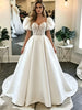 White Satin Puff Sleeve Lace Wedding Dress