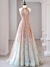 Champagne Sequins Halter Beading Prom Dress