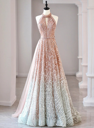 Champagne Sequins Halter Beading Prom Dress