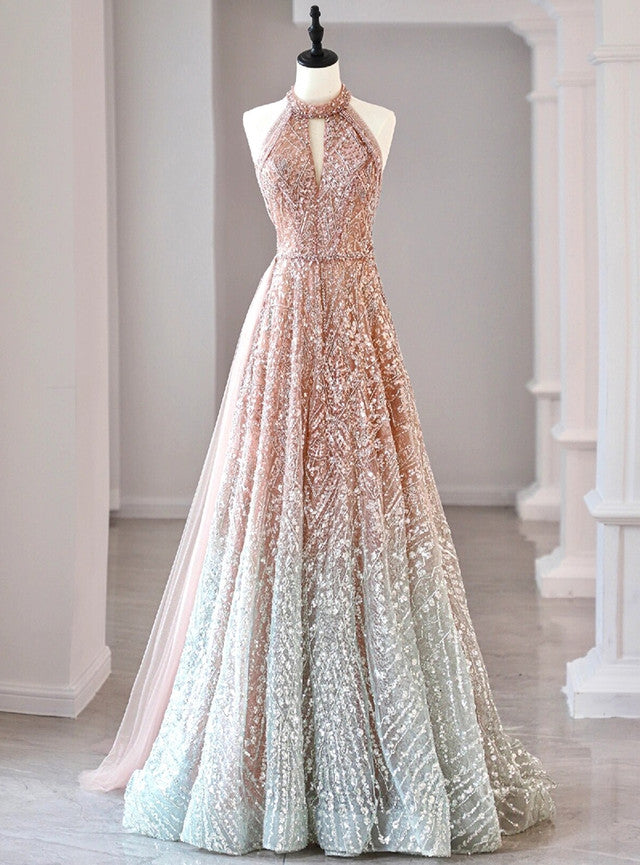 Champagne Sequins Halter Beading Prom Dress