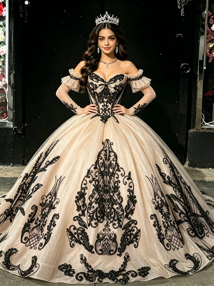 Champagne Tulle Appliques Long Sleeve Quinceanera Dress