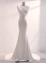 White Pleats Mermaid Backless Wedding Dress