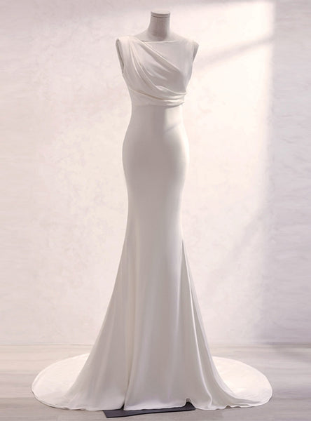 White Pleats Mermaid Backless Wedding Dress
