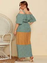 Strap Ruffled Loose Floral Contrast Color Dress