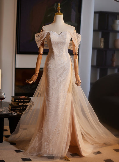 Champagne Tulle Lace Split Wedding Dress