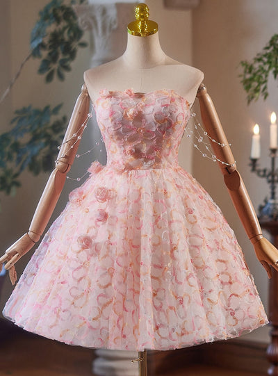 Pink Tulle Strapless Beading Homecoming Dress