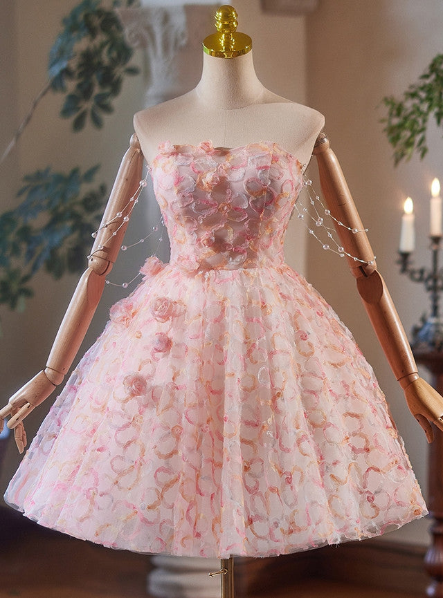 Pink Tulle Strapless Beading Homecoming Dress
