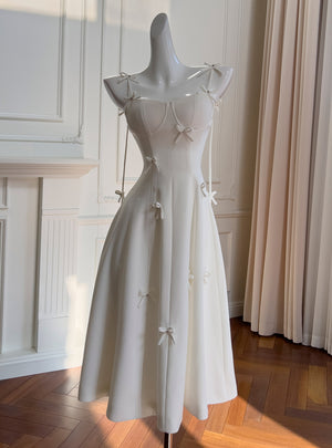 White Straps Bow Prom Dress