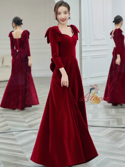 Burgundy Velvet Long Sleeve Bow Prom Dress