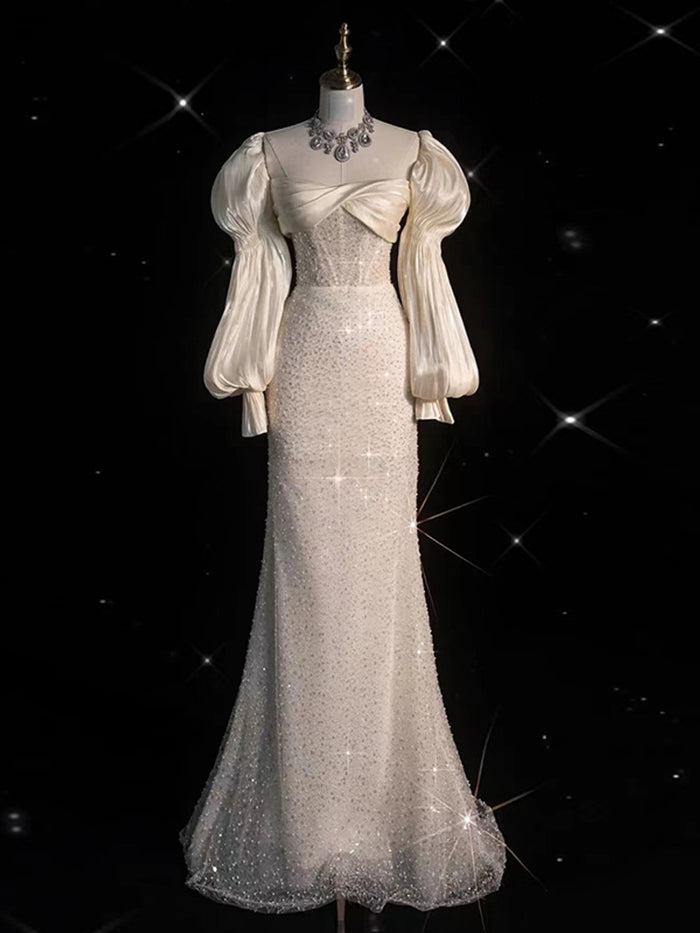 Ivory Satin Sequins Long Sleeve Wedding Dress