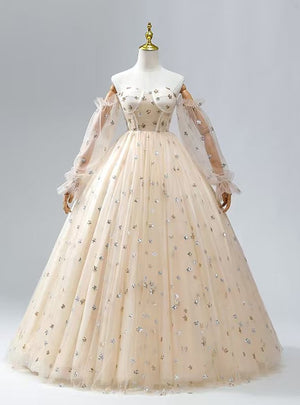 Champagne Tulle Sequins Long Sleeve Quinceanera Dress