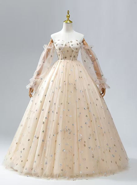 Champagne Tulle Sequins Long Sleeve Quinceanera Dress