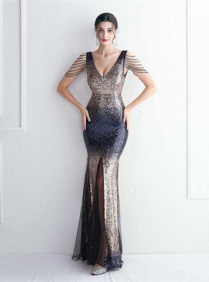 Sequins Tulle V-neck Split Prom Dress