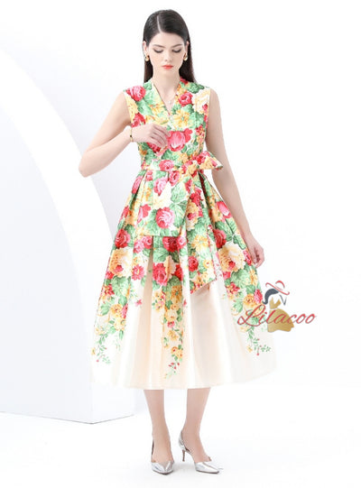 V-neck Sleeveless Long Retro Print Dress