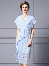 Blue Chiffon Lace V-neck Mother Of The Bride Dress