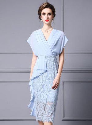 Blue Chiffon Lace V-neck Mother Of The Bride Dress