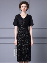 Black V-neck Sequins Mother Of The Bride Dress