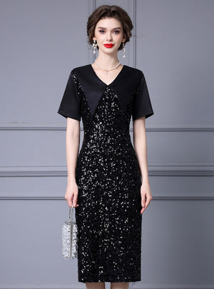 Black V-neck Sequins Mother Of The Bride Dress