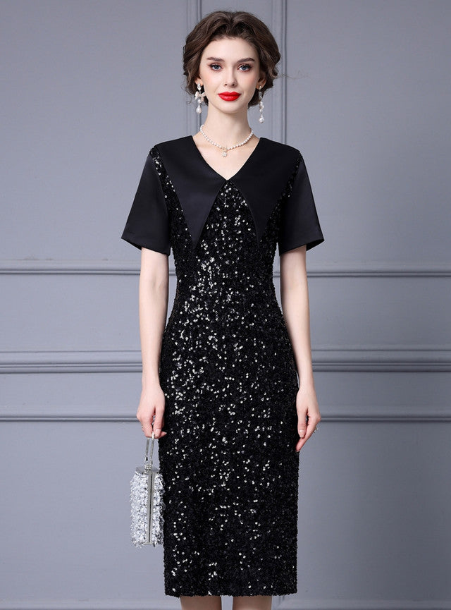 Black V-neck Sequins Mother Of The Bride Dress