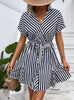 Women Lapel Striped Shirt Dress