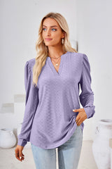 Solid Color V-neck Long Sleeve Loose T-shirt