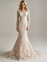 Mermaid Tulle Lace Long Sleeve Wedding Dess