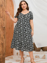 Bubble Sleeve Ruffled Printed Slim Dress