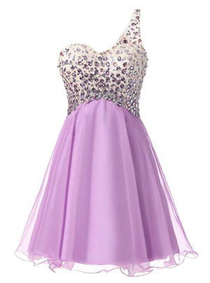 Purple One Shoulder Crystal Homecoming Dress