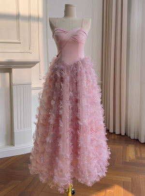 Pink Sequins Straps Sequins Flower Prom Dress