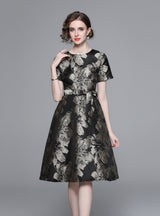 Retro Black Gold Printed Short-sleeved Dress