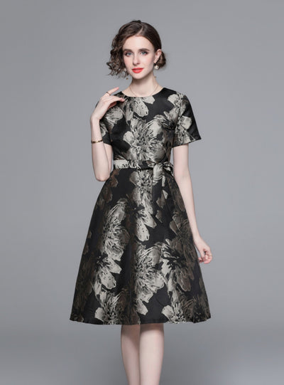 Retro Black Gold Printed Short-sleeved Dress