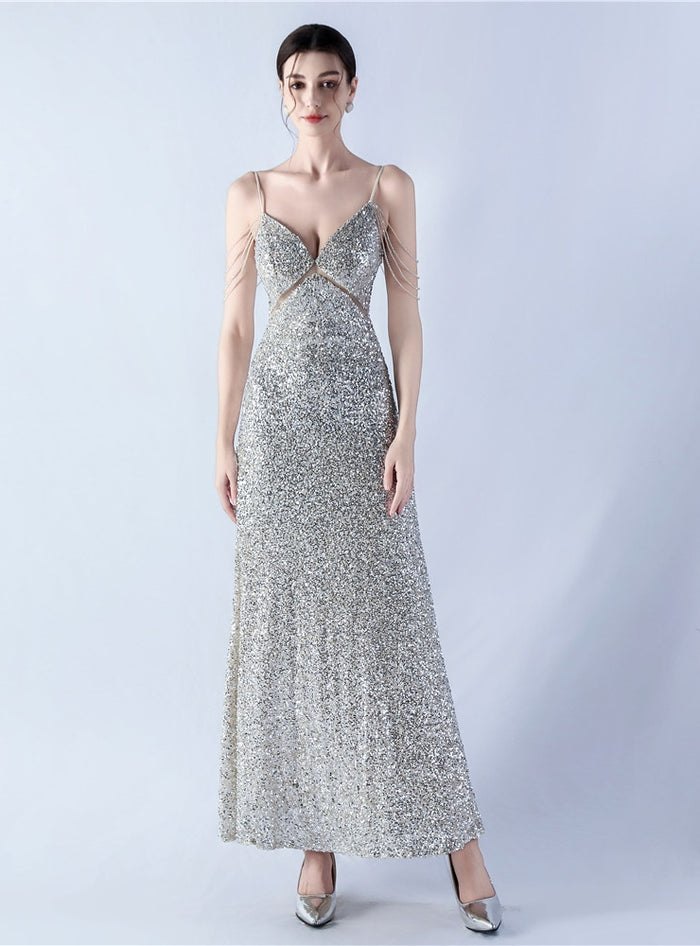 Spaghetti Straps V-neck Beading Prom Dress