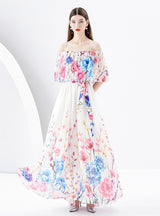Irregular Diagonal Shoulder Chiffon Floral Dress