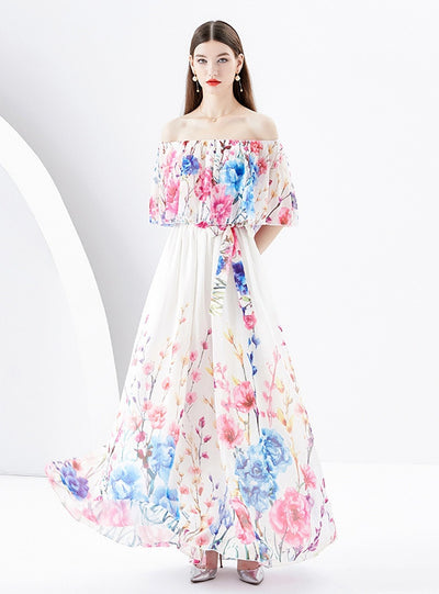 Irregular Diagonal Shoulder Chiffon Floral Dress