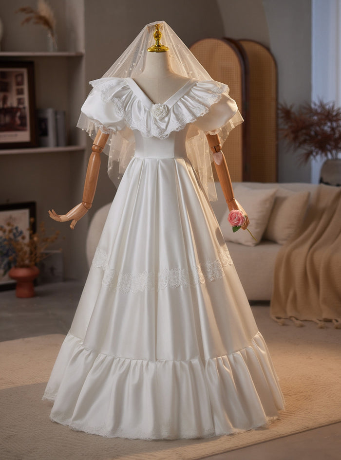 White Satin Lace V-neck Wedding Dress
