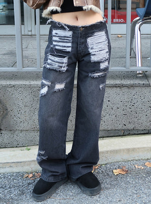 Retro Dark Blue Straight Holes Jeans