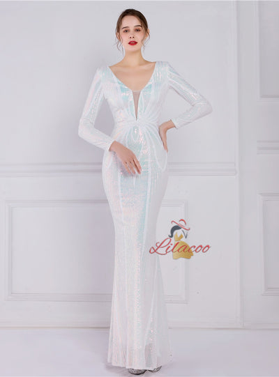 Long Sleeve V-neck Sequins Prom Dress
