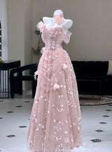 Pink Tulle Sequins Pleats Prom Dress
