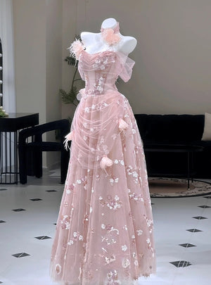 Pink Tulle Sequins Pleats Prom Dress