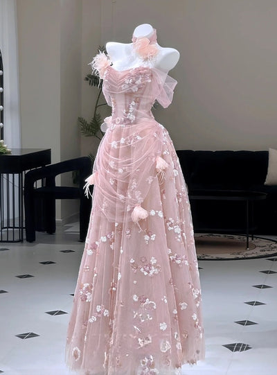 Pink Tulle Sequins Pleats Prom Dress