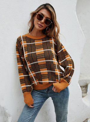 Women Chequer Pullover Sweater