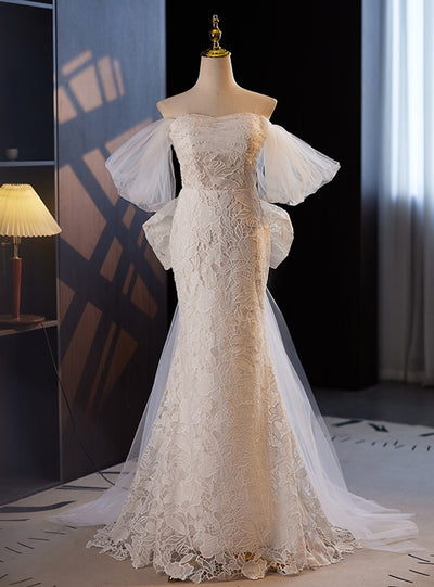 White Mermaid Lace Tulle Bow Wedding Dress