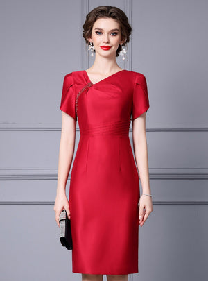 Red Pleats Beading Mother Of The Bride Dress