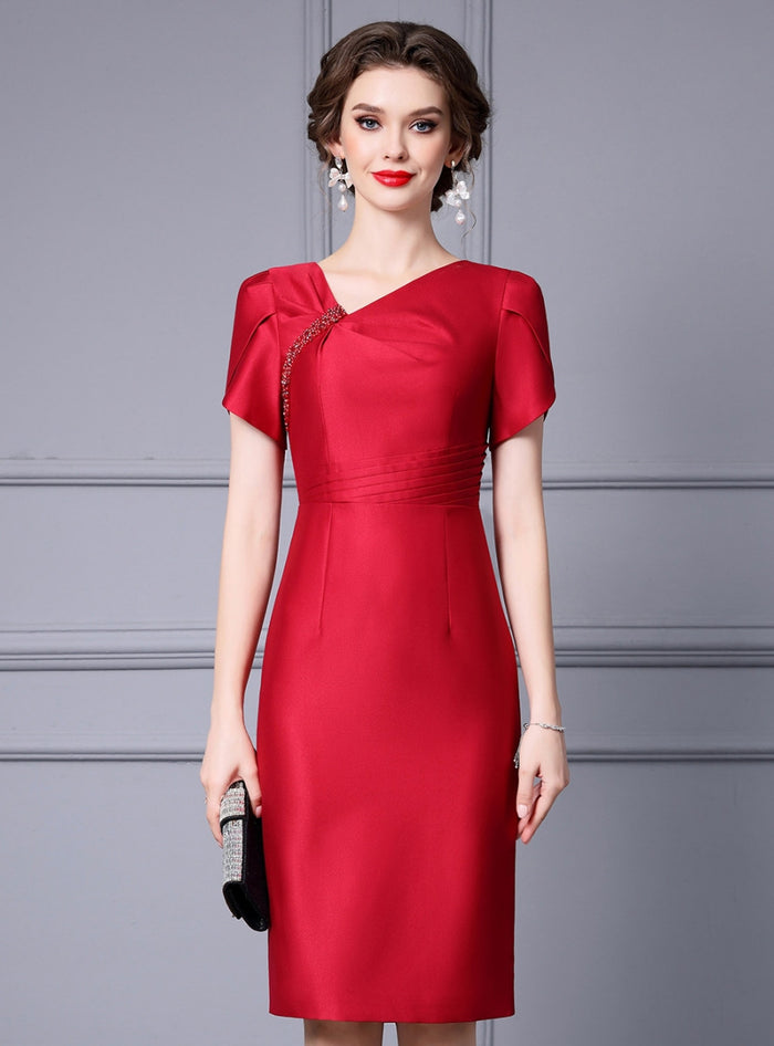 Red Pleats Beading Mother Of The Bride Dress